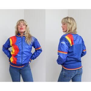 Rare 1980's Vintage Italian Wool Rainbow Windbreaker Bomber Jacket Women's MD LG
